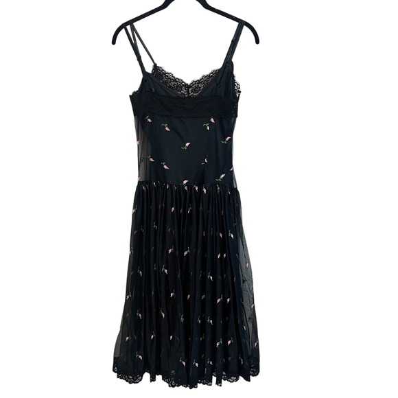Betsey Johnson Vintage 90s Black Mesh Tulle Dress Pink Floral Embroidered Size S - Picture 1 of 8